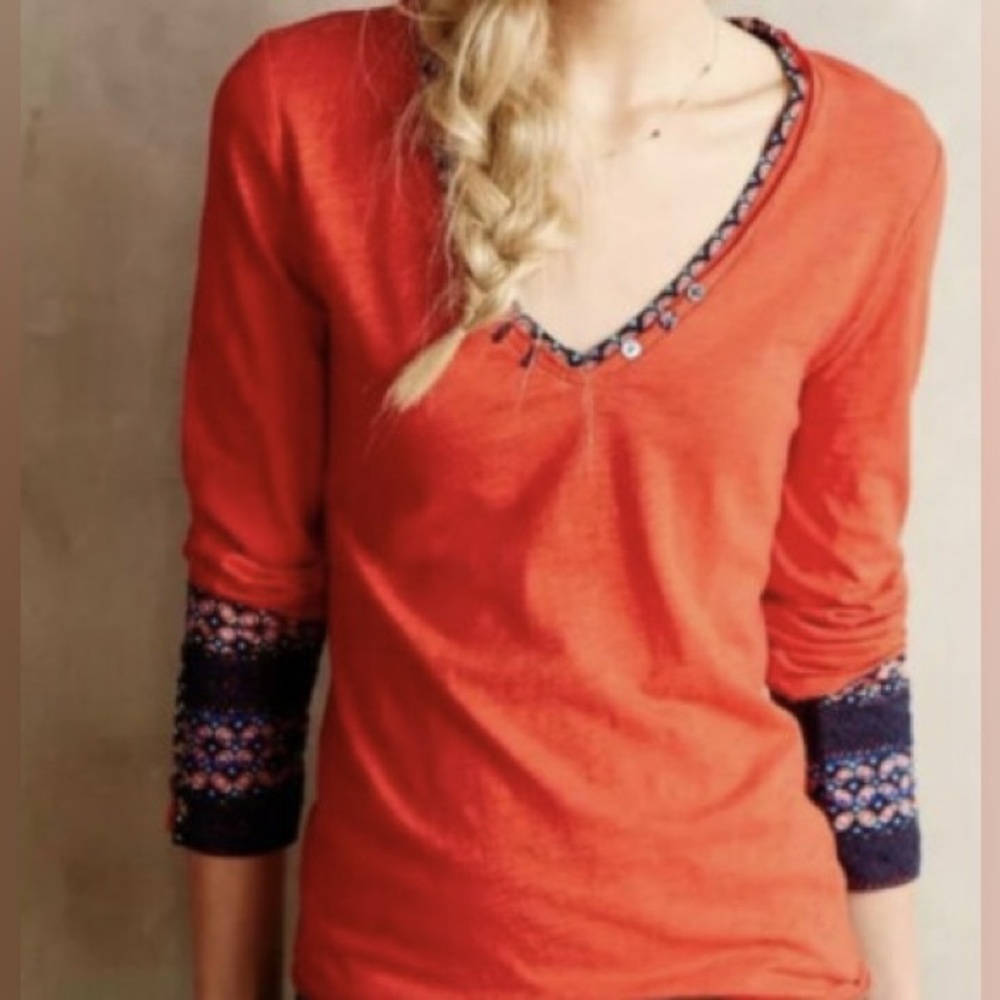 Anthropologie Little Yellow Button Red Long Sleeve Top Extended Multicolor Cuff